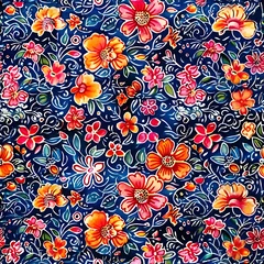 Fotobehang Colorful floral batik with seamless pattern. Abstract flower textile © Asma