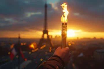 Foto auf Glas Torch and Eiffel Tower at dawn, city view © InfiniteStudio