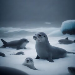 Seals lounge on the icy surface with a stunning underwater view behind them. The family's expressions are a blend of curiosity and relaxation in their frigid home. AI generation