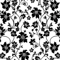 Black and white floral batik with seamless pattern. Abstract flower textile