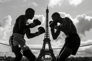 Boxers fighting, Eiffel Tower backdrop, monochrome