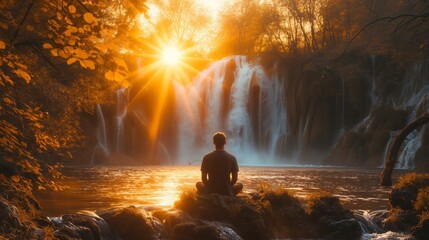 Man Sitting on Rock in Front of Waterfall - Powered by Adobe