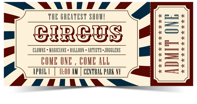 Vintage circus ticket template with retro typography and colorful stripes. Admit one entry pass for show with clowns, magicians, jugglers. Old-fashioned carnival design for event invitation vector 