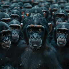 lots of black chimpanzees, chimpanzee army, chimpanzees, monkeys