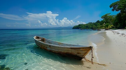 beautiful beach, wooden boat, turquoise water