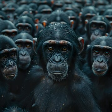 lots of black chimpanzees, chimpanzee army, chimpanzees, monkeys