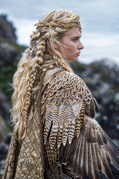 Norse goddess Freyja with her cloak of falcon feathers, portrait, vertical, mythology
