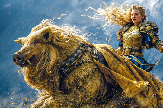 The goddess Freyja riding her golden boar Hildisv&iacute;ni, Norse mythology