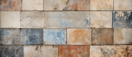 Obraz premium A wall in a room is filled with an array of different colored tiles, creating a vibrant and textured surface. Each tile is neatly aligned next to each other,