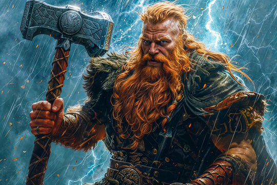 The Norse god Thor with his hammer Mj&ouml;lnir in a lightning storm, portrait
