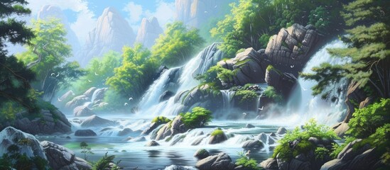 A cascading waterfall with mesmerizing water flowing over rocks surrounded by lush green foliage in a peaceful forest setting.