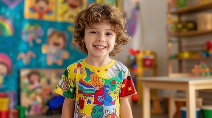 boy at home with a colorful children's shirt with a dinosaur theme for the day in high resolution and high quality. pajama concept at home