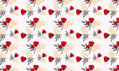 Seamless spring pattern with red flowers. Vector floral colorful pattern on white background	
