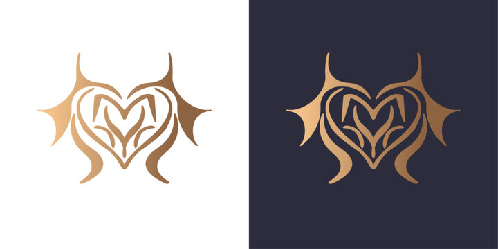 Letter m logo monogram, heart tribal , minimal style identity initial logo mark. Golden gradient vector emblem logotype for business cards initials.