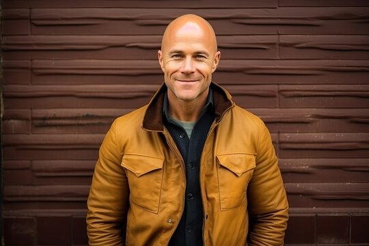 Portrait of a handsome bald man in a yellow jacket against a brown wall