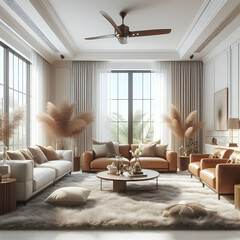 Interior Large Living Room Design of Apartment or Home with Soft Fluffy Beige Fur Carpet on Floor, White Walls, Full Wall Windows, a Ceiling Fan, & Stylish Designer Light Brown Leather Sofas Furniture