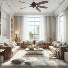 Fototapeta premium Interior Large Living Room Design of Apartment or Home with Soft Fluffy Beige Fur Carpet on Floor, White Walls, Full Wall Windows, a Ceiling Fan, & Stylish Designer Light Brown Leather Sofas Furniture