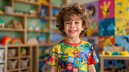 smiling boy with colorful shirt in a daycare or day school in high resolution and quality