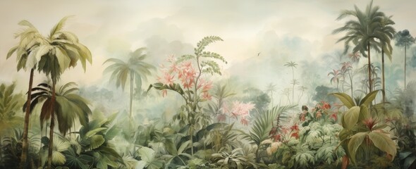 Fototapeta na wymiar Wallpaper of a jungle landscape in watercolor style.