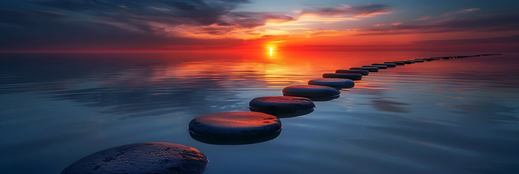 sunset over the ocean 4k image,
 A long row of stepping stones sitting in the mid of river
