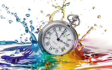 Surrealistic Pocket Watch Rainbow Melting Clocks Isolated on Transparent Background.