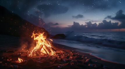 Beach bonfire party with flames dancing against a backdrop of starry skies and crashing waves