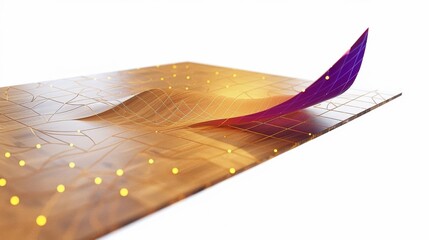 Abstract Wooden Surface with Embossed Golden Circuitry and Floating Purple Leaf