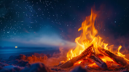 Beach bonfire party with flames dancing against a backdrop of starry skies and crashing waves - obrazy, fototapety, plakaty
