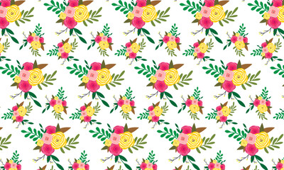 Seamless spring pattern with rose flowers green leaves. Vector floral colorful pattern on white background