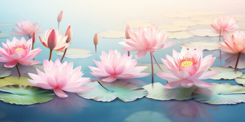 Fototapeta premium Tranquil Reflection: Pink Lotus Blossom on Green Water
