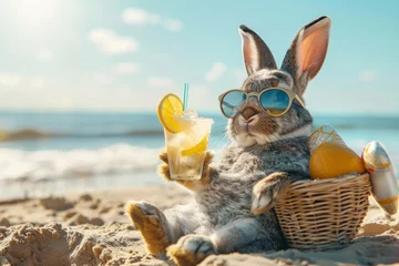 Foto auf Leinwand Cool Easter bunny on vacation on the beach with a cocktail. © Simon