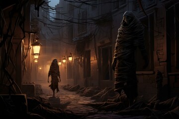 Fototapeta premium Ancient Mummy night street portrait. Scary monster undead with creepy eyes. Generate Ai