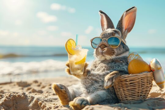 Cool Easter bunny on vacation on the beach with a cocktail.
