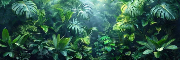 Küchenrückwand glas motiv Lush jungle landscape with tropical leaves. © Simon