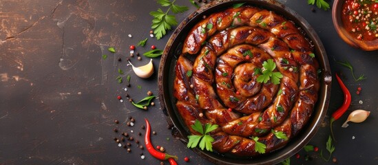 A pan filled with spiral sausage cooked in an aged oven, topped with pepper and garlic garnish, placed on a wooden table ready to be served.