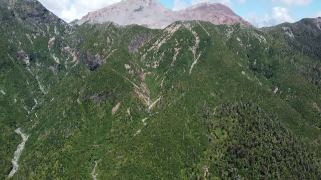 Camera pans up from the forest to the Volcano Chaiten with smoke plumes escaping the cone of the Volcano 
