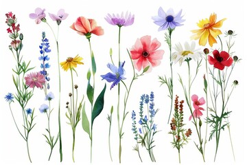 Fototapeta na wymiar Artful collection of wildflowers Each with unique textures and colors Meticulously painted in a watercolor style and isolated on a pure background