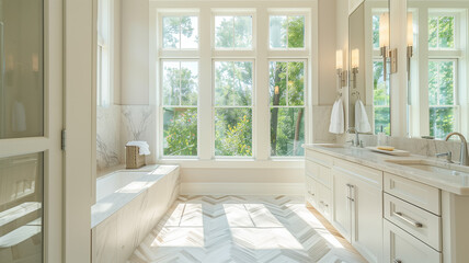 Gorgeous bathroom with large window and parquet floors. - obrazy, fototapety, plakaty