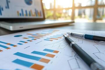 Business report featuring graphs and charts Illustrating the concept of analytics and performance measurement in a corporate setting