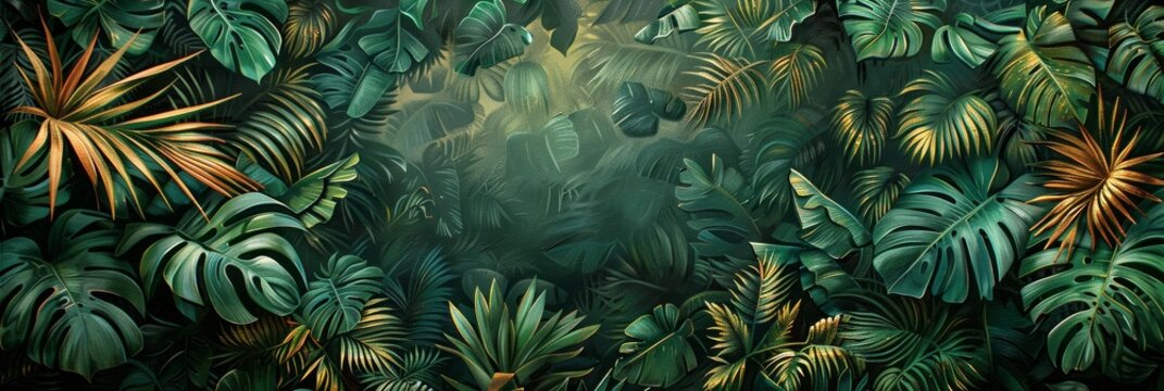 Lush jungle landscape with tropical leaves.