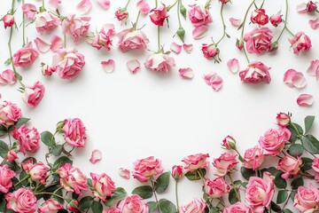 Fototapeta na wymiar Elegant floral web banner Featuring a detailed arrangement of blooming pink roses and scattered petals on a pristine white surface Creating a soft and inviting composition