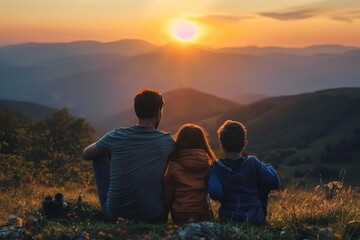 Family enjoying a beautiful sunset in nature Quality time together