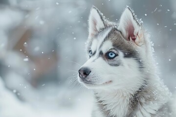 Fluffy siberian husky puppy on a snowy background Looking playful