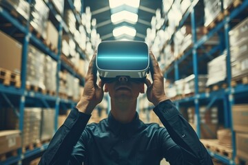 Futuristic vr technology for warehouse management Illustrating the integration of virtual reality in logistics and inventory control. this concept highlights innovation in industrial and retail operat - obrazy, fototapety, plakaty