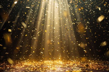 Naklejka premium Golden confetti raining down on a festive stage with a central light beam Creating a glamorous and celebratory atmosphere for events Awards And presentations