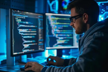 Fototapeta premium It professional coding on a computer Cybersecurity and network maintenance