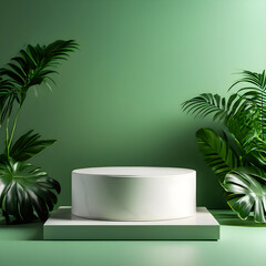 White marble podium for studio room blank product shelf standing on green leaves wall