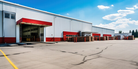 Naklejka premium Industrial Distribution Warehouse: Modern Exterior, Efficient Logistics, and Seamless Transportation Facility amidst Commercial Building