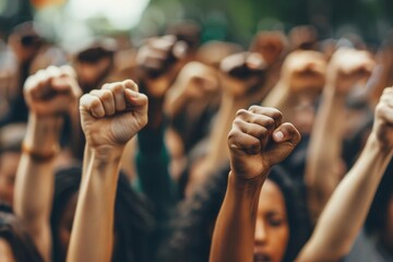 Multi-ethnic group of people with raised fists Symbolizing unity Strength And the fight for rights. this powerful image represents diversity and solidarity among communities - obrazy, fototapety, plakaty