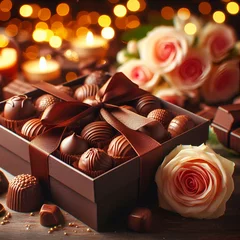 Fotobehang Luxurious Elegant Mix Assortment of Delicious Gourmet Chocolates and Chocolate Pralines Candies in Gift Box with Bow, Luxury Holiday Present. Bokeh Background. St Valentines Day Candy Ribbon Crafting © Frank